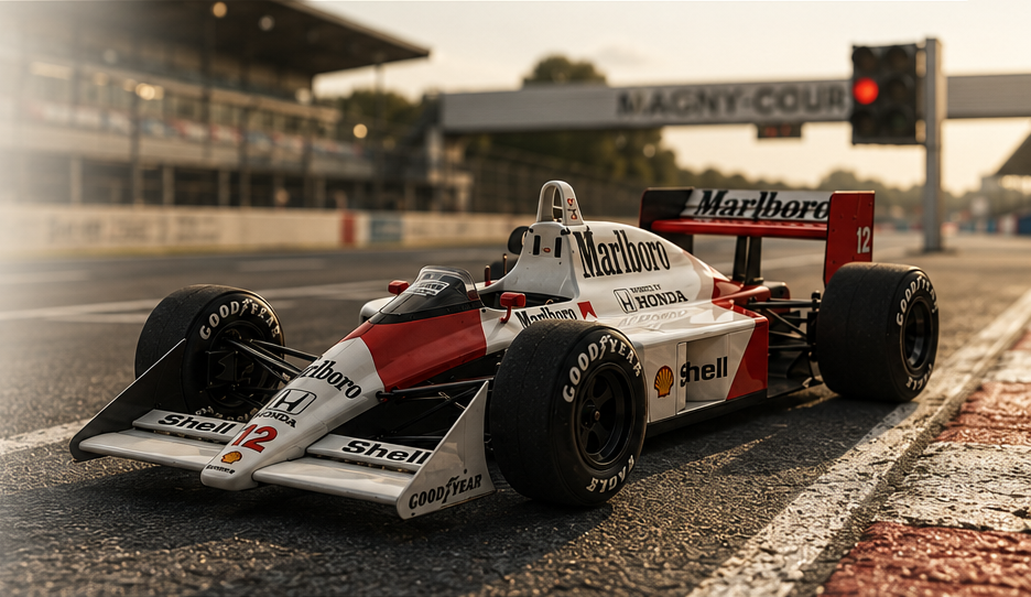 Miniature de Formule 1 historique photographiée sur un circuit